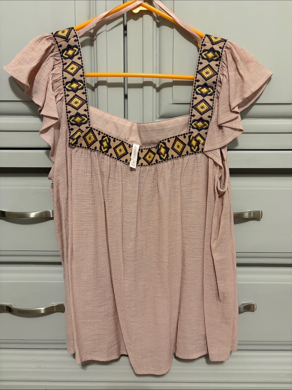 Xhilaration Blush Pink Embroidered Square-Neck Flutter Top